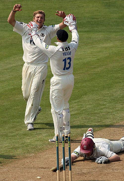 Ollie Rayner and Matt Prior celebrate running out Neil Edwards for 99 ...