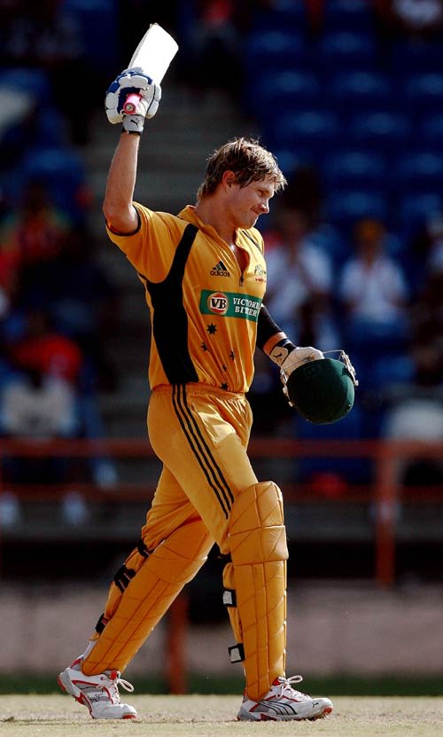 Shane Watson celebrates his first one-day international century