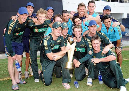 Australia A pose with the triseries trophy