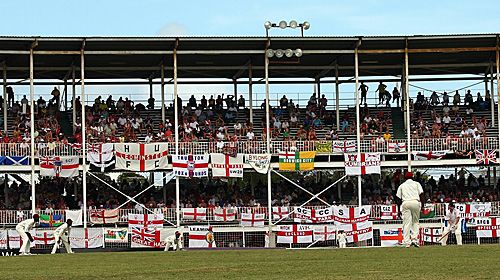 A packed stand of English supporters at the Antigua Recreation Ground