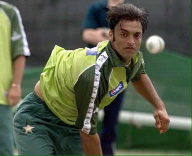 Pakistan pace bowler Shoaib Akhtar keeps his eye on the ball during a ...